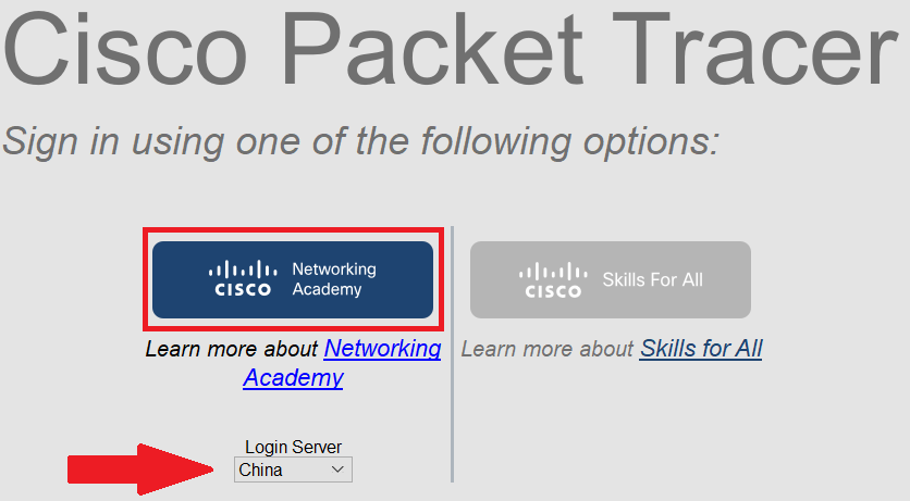 This screenshot shows the Cisco Networking Academy login link and China chosen for Login Server