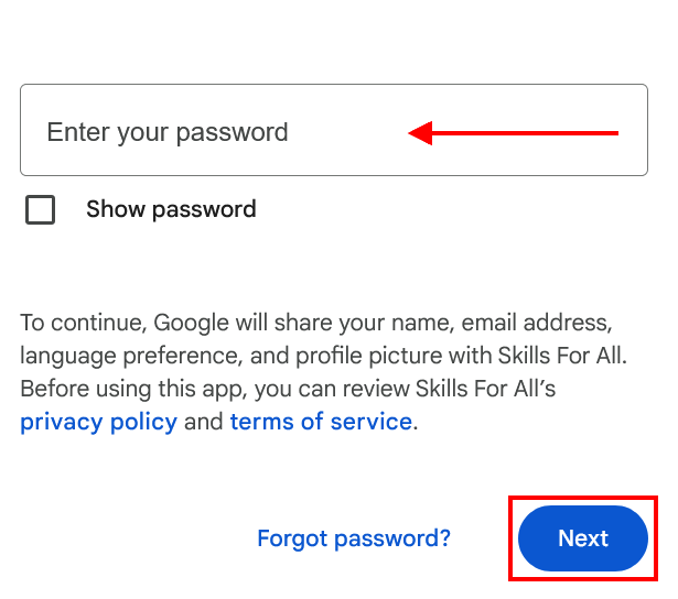 This image shows the Google sign in page to enter a password.