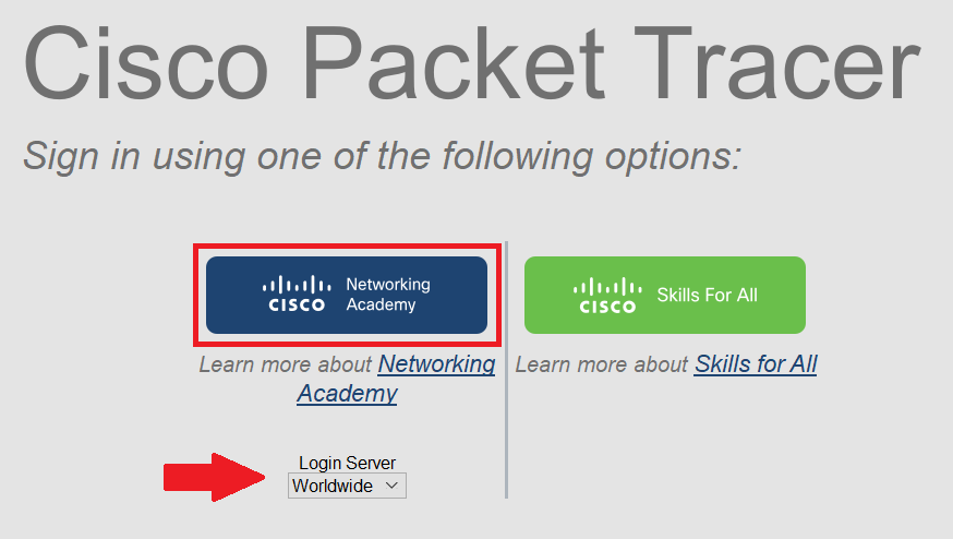  This screenshot shows the Cisco Networking Academy login link and Worldwide chosen for Login Server