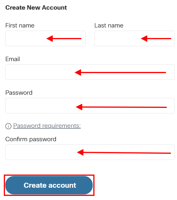 This image shows the Sign Up page to enter a new user's details and the ‘Create account’ button.