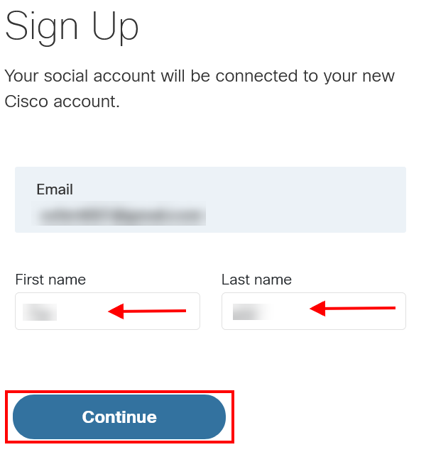 This image shows the Sign Up page where users can review or change their name before clicking the 'Continue' button.