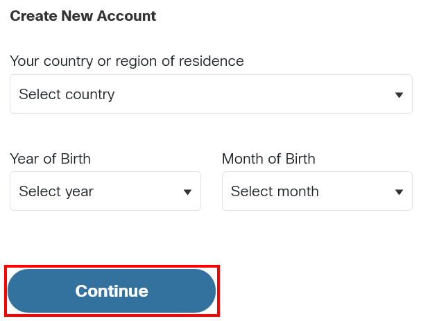 This image shows the Sign Up page with a drop-down to select country or region, year of birth, and month of birth as well as the 'Continue' button.
